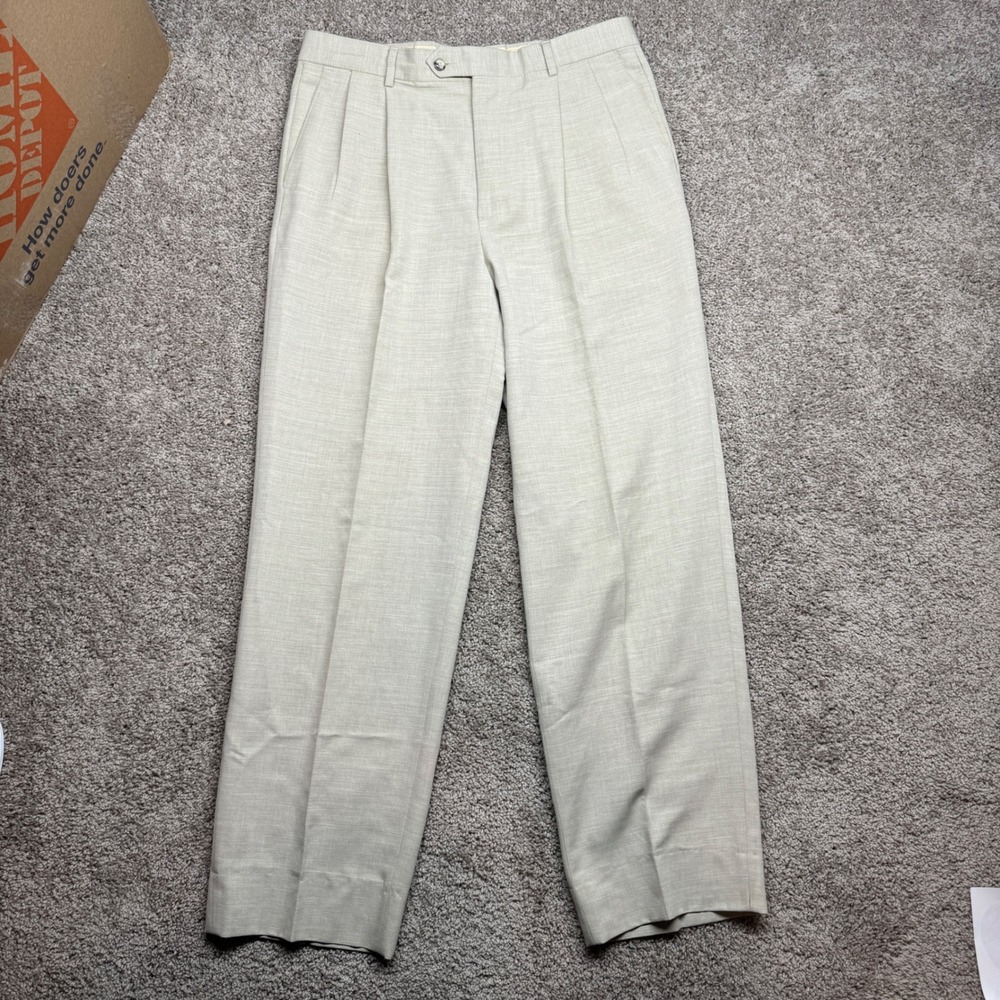 Berle Mens Pleated Dress Pants 34 Tan Wool Blend Straight Leg Trousers
